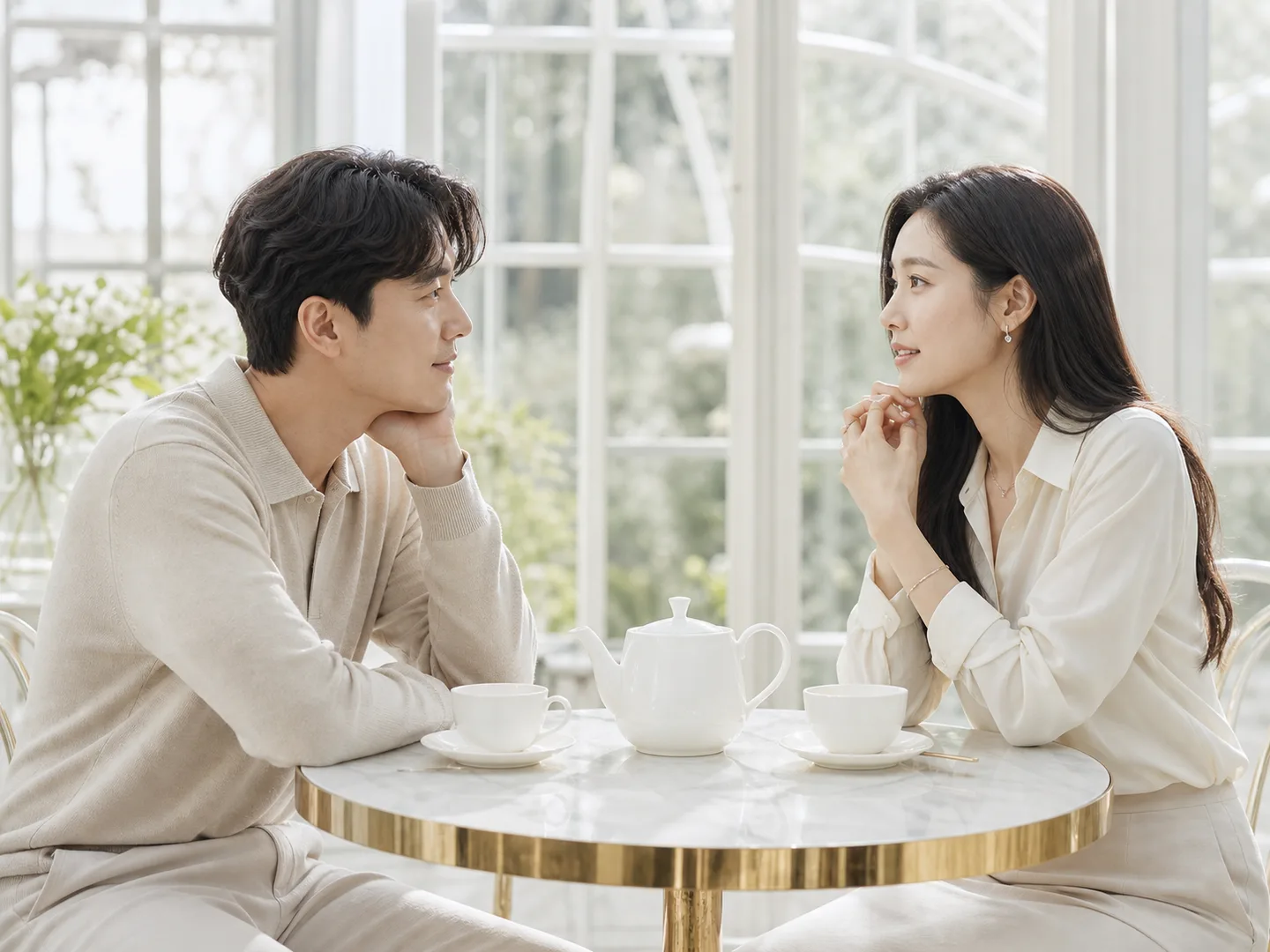 밝은 카페에서 자연스럽게 첫 대화를 나누는 20~30대 한국인 커플